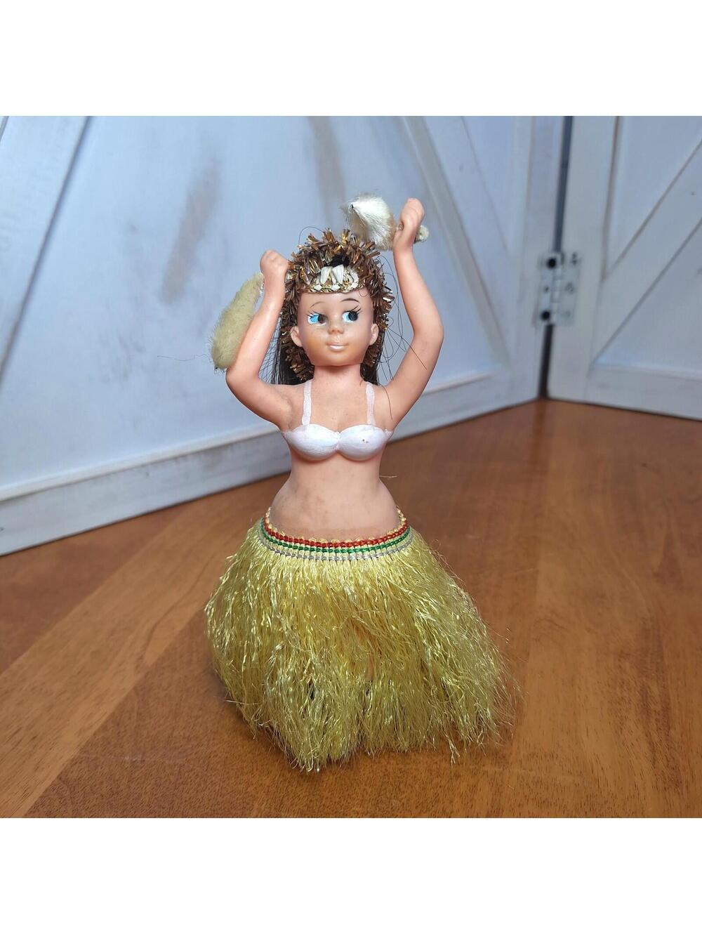 Vintage Hawaiian Wind-Up Hula Girl Belly Dancer Tin Base Toy Japan 6.5"H